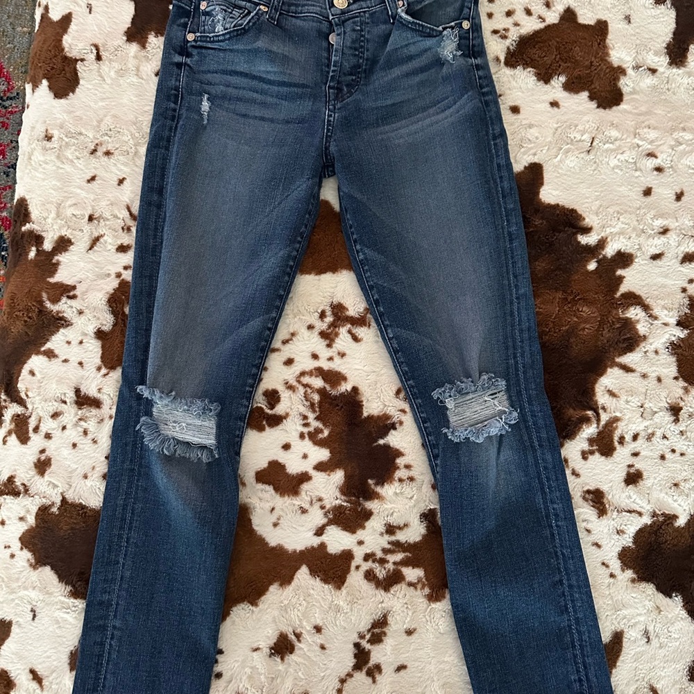 7 For All Mankind Dark Blue Distressed Josefina Skinny Boyfriend Jeans